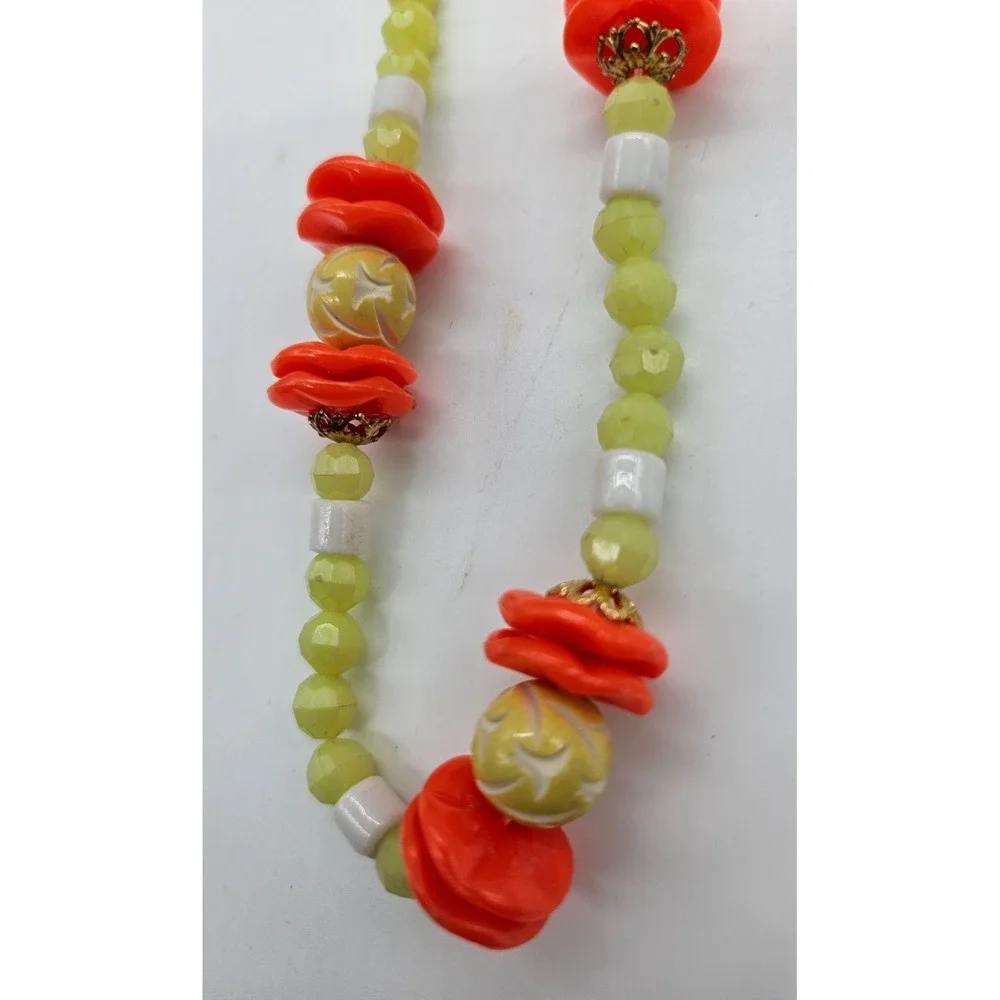 Vibrant‎ Beaded Necklace Orange Yellow Green White Statement Chunky Boho